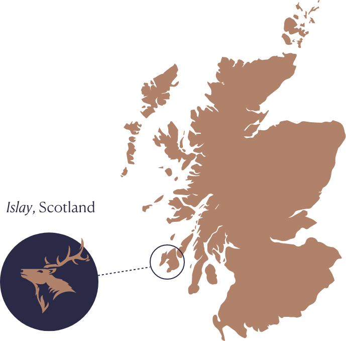 Gold map outline of Scotland with Islay pinned with the MacInnes stag logo